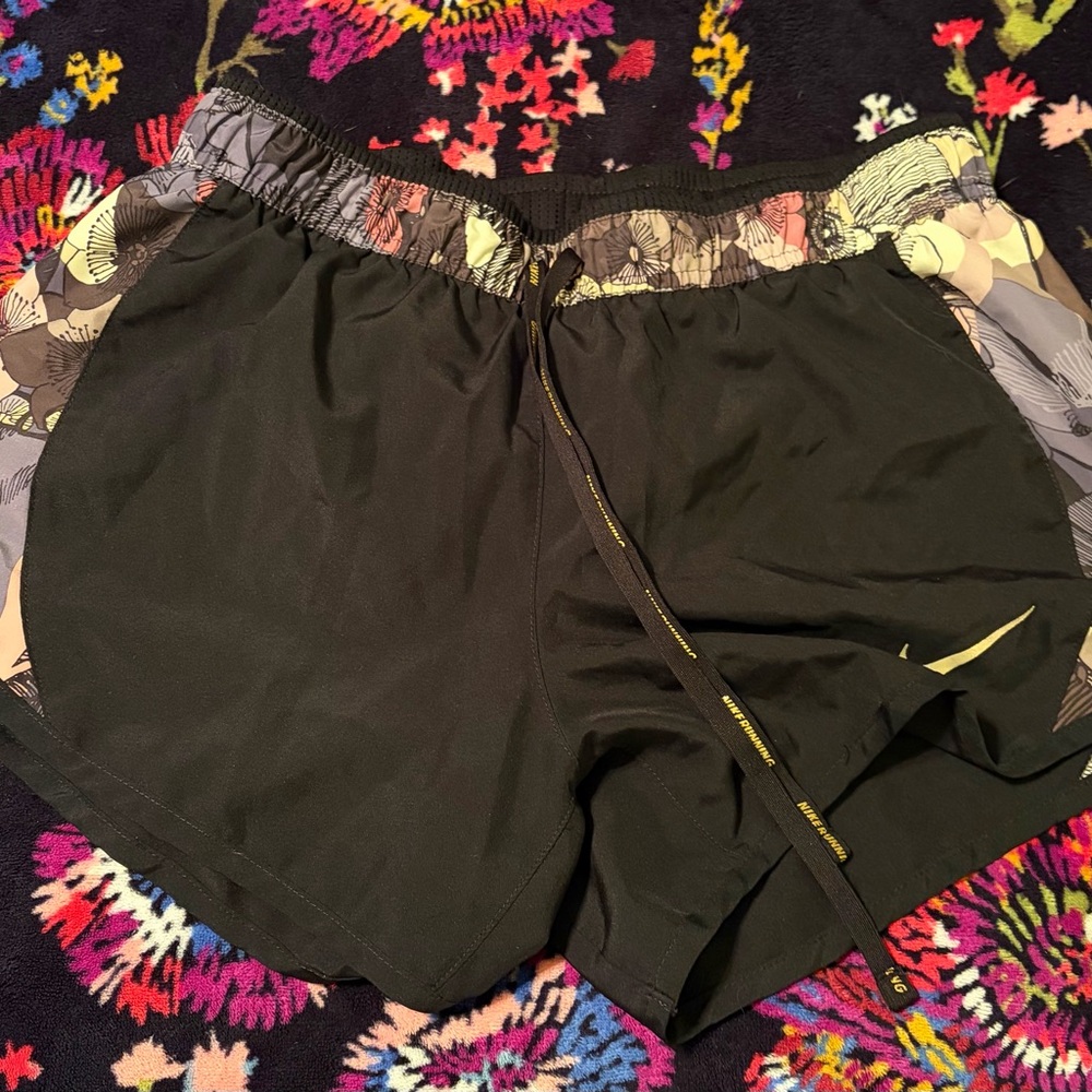 Nike Women's Black Running Shorts with Floral Waistband & Yellow Accent